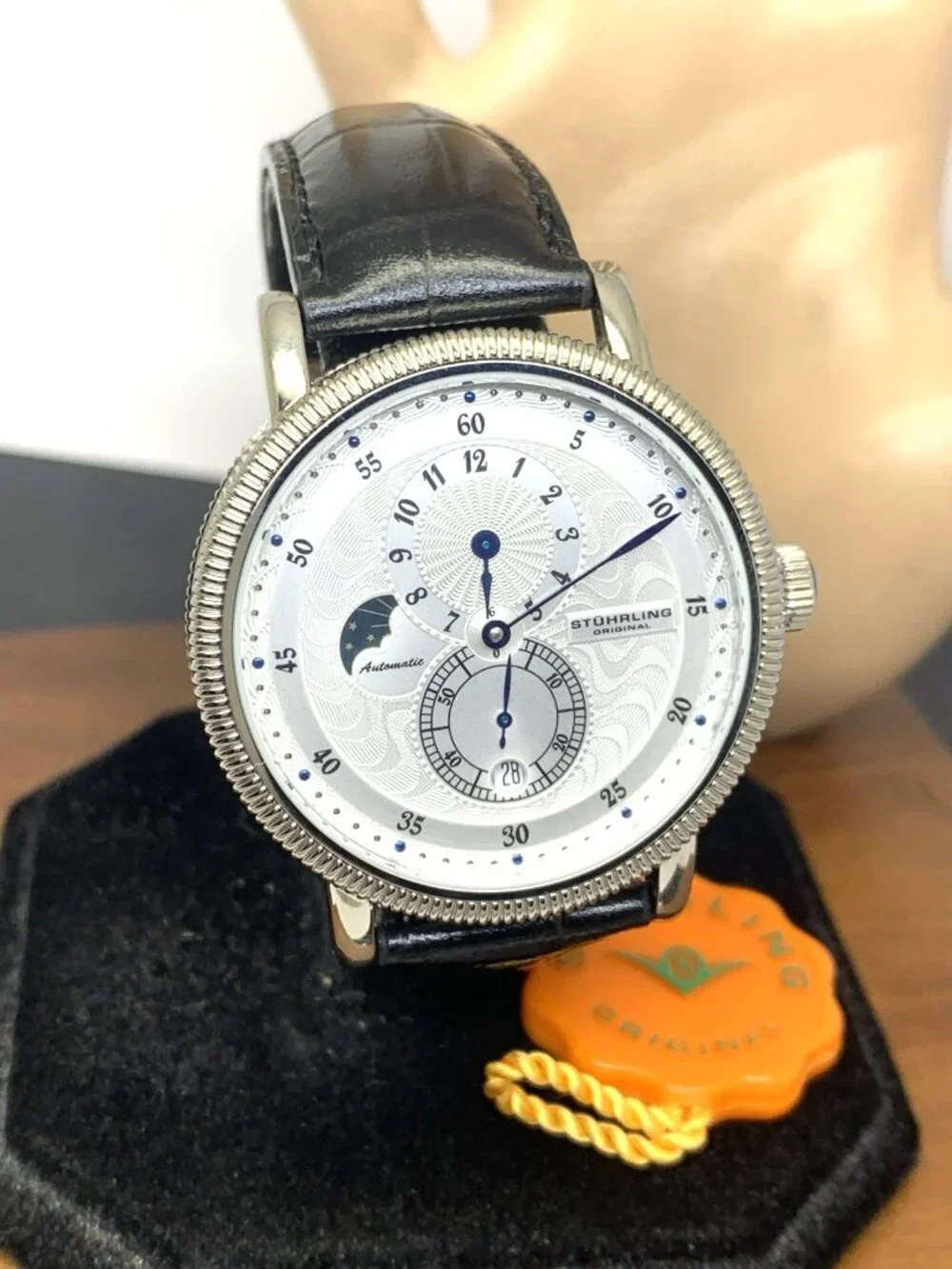 Stuhrling Men's Watch 97 Automatic Silver Dial Day Night Black Leather Band 40mm